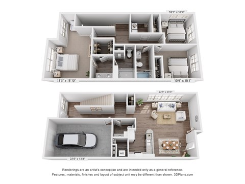 Floor plan for 3 beds, 2.5 baths, 1610 sqft